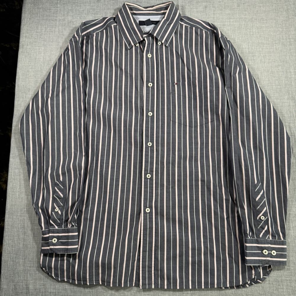 Tommy Hilfiger Mens Large Shirt Striped Button Down Grey Pink White C880126390